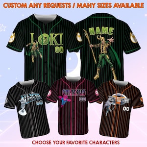 May include: Baseball jerseys with character designs, including Loki, Silver Surfer, Galactus, and Taskmaster. The jerseys are black with pinstripes and feature the number "00". Text on the jerseys reads "CUSTOM ANY REQUESTS / MANY SIZES AVAILABLE" and "CHOOSE YOUR FAVORITE CHARACTERS".