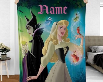 Manta personalizada Aurora, manta de Disney La Bella Durmiente, manta de Maléfica y el Hada Madrina, manta de cumpleaños Magic Cast, VTB609