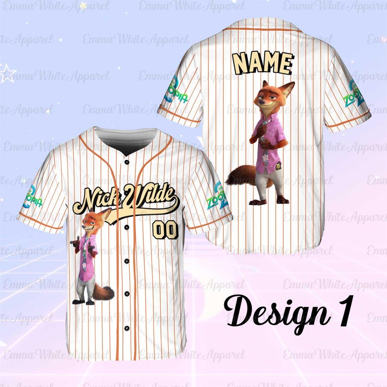 May include: Baseball jersey with a pinstripe design. The jersey features the character Nick Wilde from Zootopia, with the name "Nick Wilde" and the number "00" on the front. The back of the jersey has the word "NAME" above a Nick Wilde graphic.