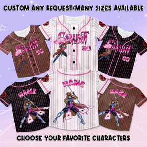 May include: Baseball jerseys in brown, black, and white with pink pinstripes. Each jersey features a Gambit character graphic and the text "Gambit" or "Name". The text "CUSTOM ANY REQUEST/MANY SIZES AVAILABLE" and "CHOOSE YOUR FAVORITE CHARACTERS" are also visible.