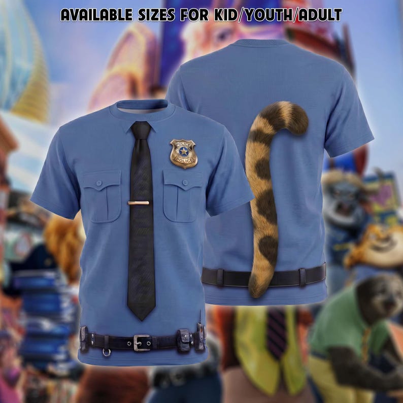 K&ouml;nnte beinhalten: Ein hellblaues Kurzarm-T-Shirt mit einem aufgedruckten Polizeiuniform-Design, bestehend aus einer schwarzen Krawatte, einem goldenen Abzeichen und einem schwarzen G&uuml;rtel. Auf der R&uuml;ckseite ist ein braun-schwarz gestreifter Tierschwanz abgebildet. Text: AVAILABLE SIZES FOR KID/YOUTH/ADULT.