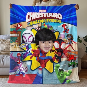 Personalisiertes Gesicht und Name Spidey und seine erstaunlichen Freunde Decke, Superheld-Decke für Kind, Spiderman-Geburtstagsgeschenk, Disney-Karikatur-Decke