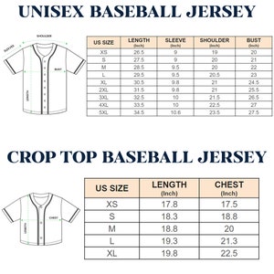 May include: Diagrams of unisex and crop top baseball jerseys with size charts. The unisex jersey chart includes measurements for length, sleeve, shoulder, and bust in inches. The crop top chart shows length and chest measurements in inches.