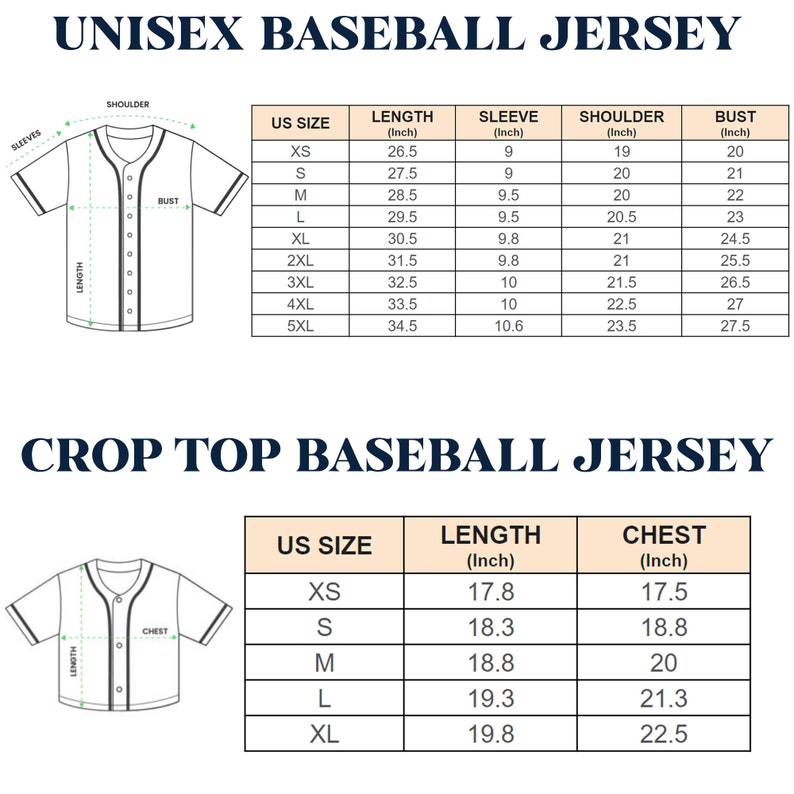 May include: Diagrams of unisex and crop top baseball jerseys with size charts. The unisex jersey chart includes measurements for length, sleeve, shoulder, and bust in inches. The crop top chart shows length and chest measurements in inches.