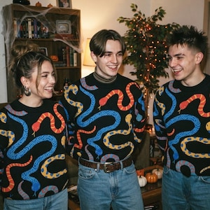 Könnte beinhalten: Ein schwarzer Langarmpullover mit einem sich wiederholenden Muster aus Schlangen in leuchtenden Farben wie Rot, Blau und Gelb. Das Strickkleidungsstück hat einen Rundhalsausschnitt und ein grafisches Design, das die gesamte Vorderseite bedeckt.