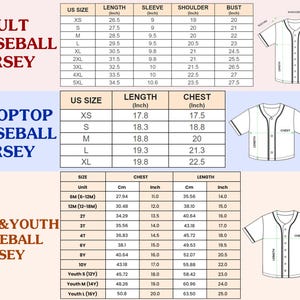 K&ouml;nnte beinhalten: Detaillierte Gr&ouml;&szlig;entabellen f&uuml;r Baseball-Trikots f&uuml;r Erwachsene, Crop-Tops und Jugendliche. Ma&szlig;e in Zoll und Zentimetern. Erwachsenengr&ouml;&szlig;en XS-5XL, mit L&auml;nge, &Auml;rmel, Schulter und Brust. Crop-Top-Gr&ouml;&szlig;en XS-XL. Jugendgr&ouml;&szlig;en mit Brust- und L&auml;ngenangaben.