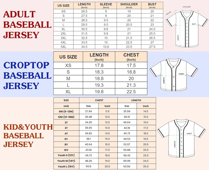 K&ouml;nnte beinhalten: Detaillierte Gr&ouml;&szlig;entabellen f&uuml;r Baseball-Trikots f&uuml;r Erwachsene, Crop-Tops und Jugendliche. Ma&szlig;e in Zoll und Zentimetern. Erwachsenengr&ouml;&szlig;en XS-5XL, mit L&auml;nge, &Auml;rmel, Schulter und Brust. Crop-Top-Gr&ouml;&szlig;en XS-XL. Jugendgr&ouml;&szlig;en mit Brust- und L&auml;ngenangaben.