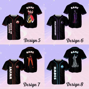 May include: Eight different designs for a black baseball jersey with a colorful stripe down the front. Each jersey features a different Disney villain character, including Maleficent, Queen of Hearts, Jafar, and Hades. The text "NAME" appears at the top of each jersey.