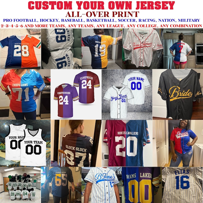 May include: A collage of images showcasing custom-designed jerseys for various sports, including football, hockey, baseball, basketball, soccer, and more. The jerseys feature different team names, numbers, and designs, allowing for personalized customization.