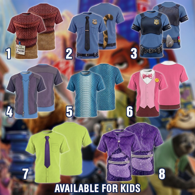 K&ouml;nnte beinhalten: Eine Kollektion von acht kurz&auml;rmeligen T-Shirts f&uuml;r Kinder, jedes mit einem einzigartigen Grafikdruck. Die Shirts zeigen verschiedene Muster, darunter einen braunen Pullover, eine Polizeiuniform, eine taktische Weste, eine violette Jacke, blaue Schuppen, einen rosa Smoking, ein lindgr&uuml;nes Shirt mit violetter Krawatte und ein violettes Oberteil in Felloptik mit Perlen. Der Text "AVAILABLE FOR KIDS" steht unten.