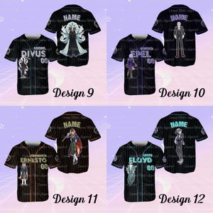 K&ouml;nnte beinhalten: Schwarze Baseball-Trikots mit wei&szlig;en Nadelstreifen, die jeweils ein anderes Charakterdesign zeigen. Die Trikots zeigen Charakterillustrationen, Namen und Nummern. Designs umfassen Charaktere namens Divus, Epel, Ernesto und Floyd, mit dem Text "Design 9", "Design 10", "Design 11" und "Design 12".