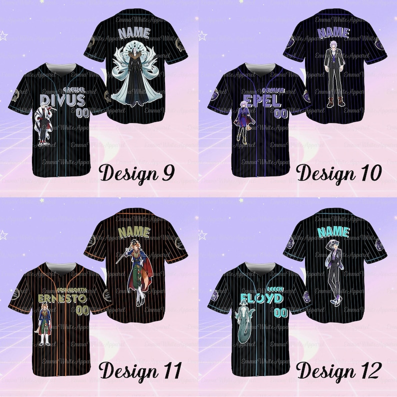 K&ouml;nnte beinhalten: Schwarze Baseball-Trikots mit wei&szlig;en Nadelstreifen, die jeweils ein anderes Charakterdesign zeigen. Die Trikots zeigen Charakterillustrationen, Namen und Nummern. Designs umfassen Charaktere namens Divus, Epel, Ernesto und Floyd, mit dem Text "Design 9", "Design 10", "Design 11" und "Design 12".