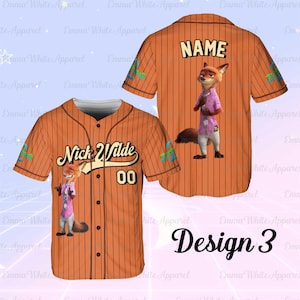 May include: Orange baseball jersey with vertical stripes, featuring the character Nick Wilde from Zootopia. The front displays "Nick Wilde" and the number "00." The back has "NAME" and a Nick Wilde graphic. The sleeves have colorful accents. The text "Design 3" is at the bottom.