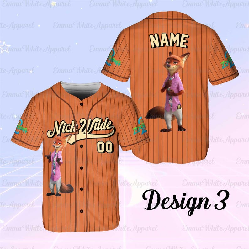 May include: Orange baseball jersey with vertical stripes, featuring the character Nick Wilde from Zootopia. The front displays "Nick Wilde" and the number "00." The back has "NAME" and a Nick Wilde graphic. The sleeves have colorful accents. The text "Design 3" is at the bottom.