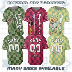May include: Three button-down baseball jerseys featuring checkered patterns in green, red, and yellow. Each jersey displays a character from Peter Pan: Tick Tock Crocodile, Captain Hook, or Tinker Bell. The backs feature the text NAME and 00.