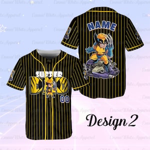 May include: Black and yellow pinstripe baseball jersey with a cartoon graphic of a superhero. The front of the jersey says "SUPPER DAD" with a superhero graphic and the number "00". The back has a superhero graphic and space for a name.