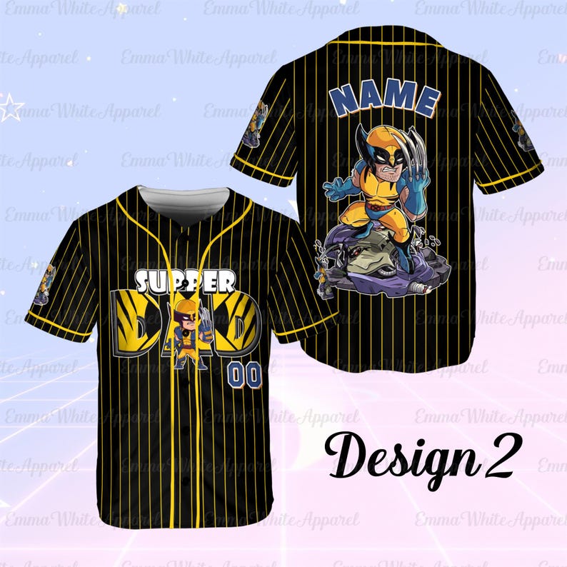 May include: Black and yellow pinstripe baseball jersey with a cartoon graphic of a superhero. The front of the jersey says "SUPPER DAD" with a superhero graphic and the number "00". The back has a superhero graphic and space for a name.