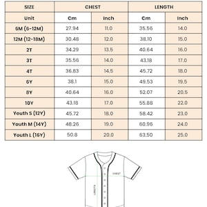 May include: A chart for kids' and youth baseball jersey sizes, including chest and length measurements in inches and centimeters. Sizes range from 6 months to youth large (16Y). The image also includes a diagram of a baseball jersey.