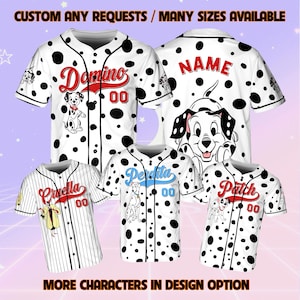 May include: Four baseball jerseys with a Dalmatian dog print. The jerseys are white with black spots and feature different names and numbers. The names include "Domino", "Perdita", "Patch", and "Cruella".