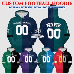 May include: Customizable football hoodie with a split design. The left side is green and the right side is blue. The hoodie has a white number 00 on the front and the text "TEAMNAME1 TEAMNAME2" above the number. The back of the hoodie has the text "NAME" above the number 00.