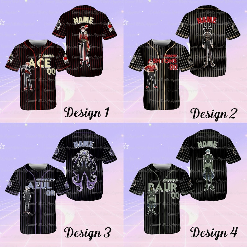 K&ouml;nnte beinhalten: Vier Baseball-Trikots mit verschiedenen Designs. Jedes Trikot ist schwarz mit wei&szlig;en Nadelstreifen und hat eine andere Grafik auf der Vorder- und R&uuml;ckseite. Die Designs umfassen Charaktere im Anime-Stil und Texte wie "ACE", "AZUL" und "RAUR". Der Text "Design 1", "Design 2", "Design 3" und "Design 4" ist ebenfalls sichtbar.