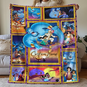 Custom Aladin Pictures Collage Blanket, Cartoon Movie Blanket, Aladin Cartoon Birthday Blanket,Personalized Disneyland Aladin Fleece Blanket