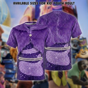May include: A short-sleeved t-shirt featuring a printed purple faux fur shrug design over a glittery purple dress pattern with a pearl button and a double-strand pearl waist belt. The text AVAILABLE SIZES FOR KID/YOUTH/ADULT is printed above.