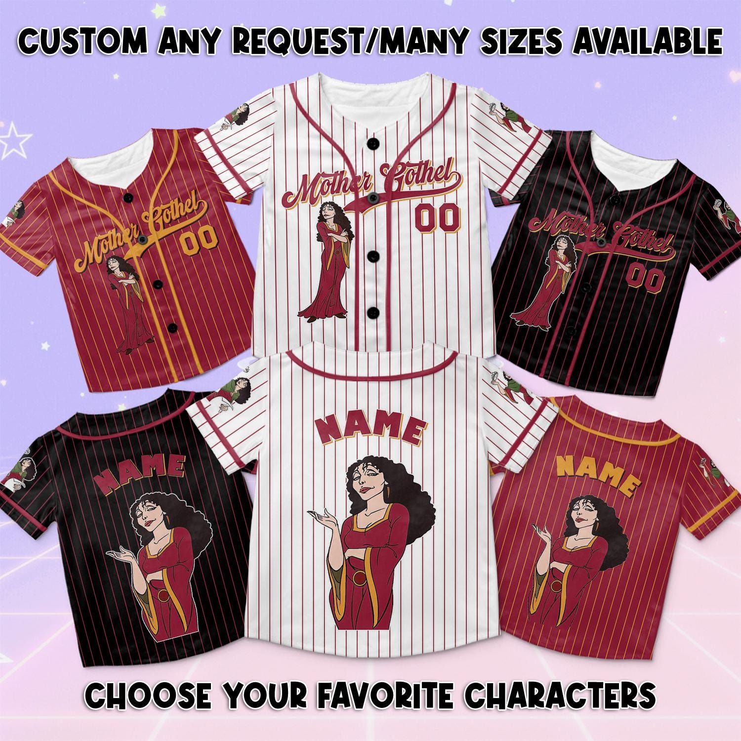 Tangled Mother Gothel Baseball Jersey, Disney Rapunzel Witch