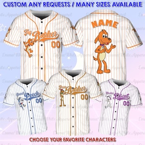 May include: Baseball jerseys with cartoon character designs. The jerseys are white with vertical stripes and feature characters like 'Paw Barker' and 'Sweet Pooch'. The text 'CUSTOM ANY REQUESTS / MANY SIZES AVAILABLE' is at the top, and 'CHOOSE YOUR FAVORITE CHARACTERS' is at the bottom.
