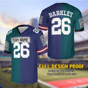 May include: A blue and green football jersey with the number 26 on the front and back. The jersey has the text "TEAM NAME" on the left side and "BARKLEY" on the right side. The sleeves have the text "GO" and "LOGO" repeated on them.