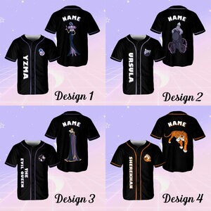 May include: Four different designs for a black baseball jersey with a white name and text on the back. The designs feature characters from Disney movies: Yzma, Ursula, the Evil Queen, and Shere Khan.