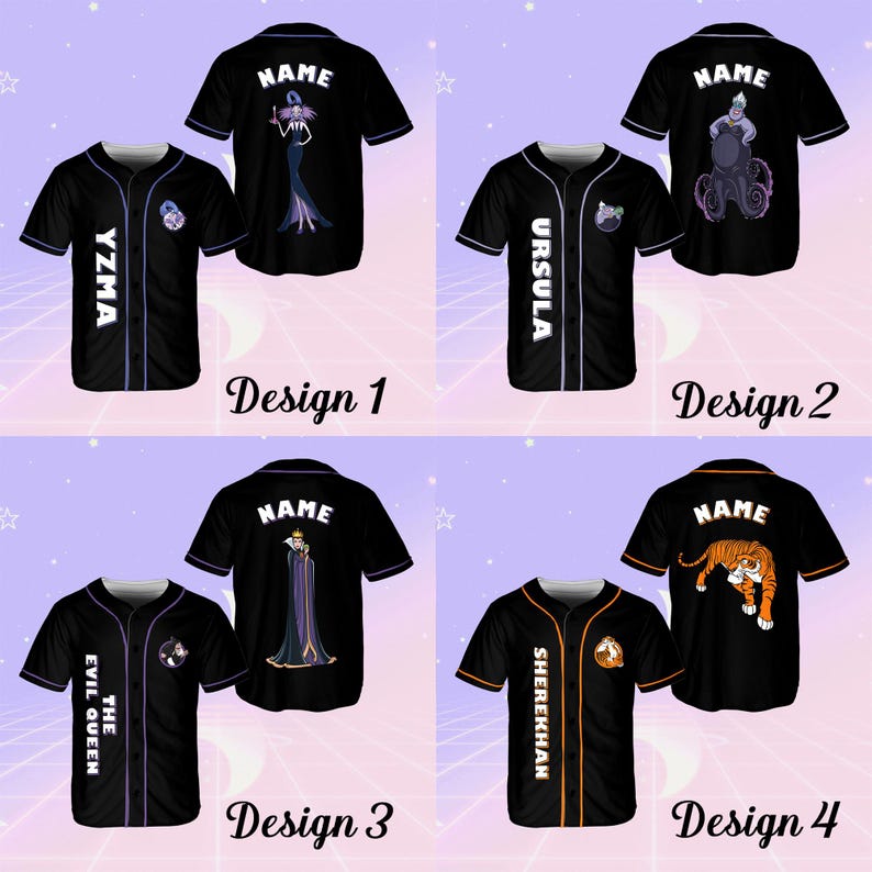 May include: Four different designs for a black baseball jersey with a white name and text on the back. The designs feature characters from Disney movies: Yzma, Ursula, the Evil Queen, and Shere Khan.