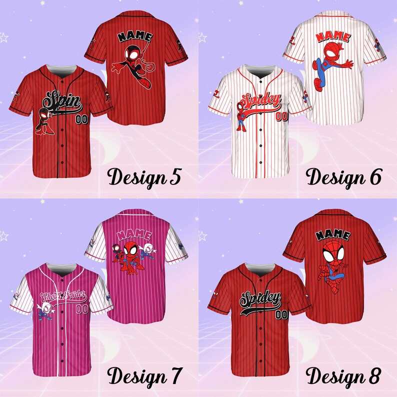 May include: Four different designs of baseball jerseys featuring a Spiderman theme. The jerseys are red, white, and pink with black stripes. The jerseys have the text "Spidey" and "Name" on them.