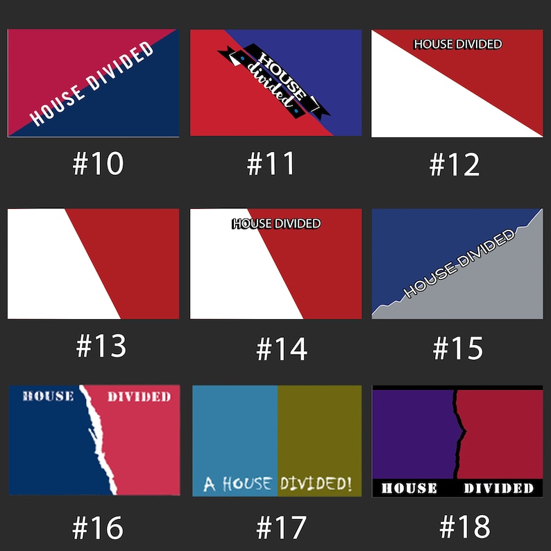 Op de afbeelding: Een verzameling grafische ontwerpen met de tekst "HOUSE DIVIDED" in verschillende stijlen. De ontwerpen bevatten kleurvlakken in rood, wit, blauw en grijs, met de tekst in wit of zwart.