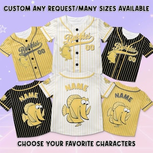 May include: Five baseball jerseys with a yellow and black striped pattern. The jerseys feature a cartoon fish with the text "Bubbles 00" on the front. Two of the jerseys have the text "NAME" on the back.