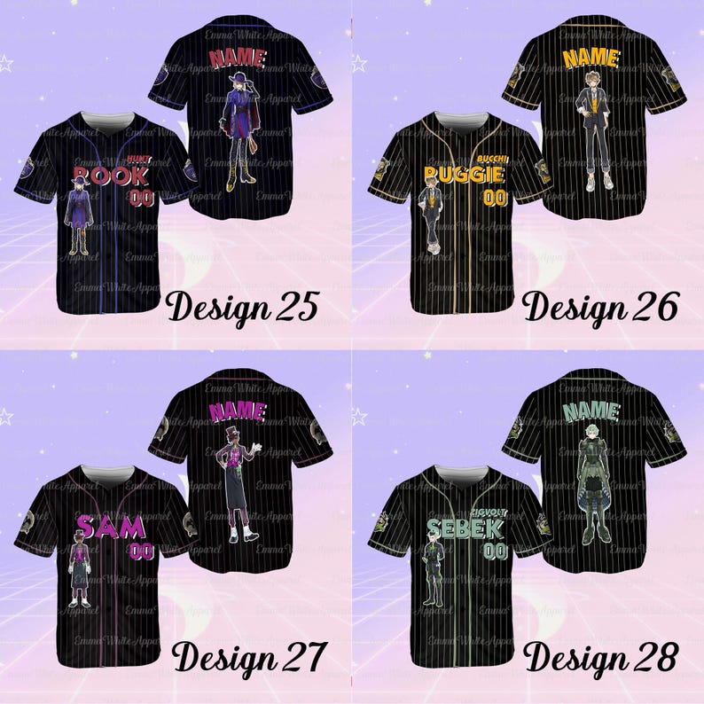 K&ouml;nnte beinhalten: Vier schwarze Baseball-Trikots mit wei&szlig;en Nadelstreifen und verschiedenen Designs. Jedes Trikot zeigt eine Charakterillustration, den Namen "NAME" oder einen individuellen Namen und eine Nummer. Designs umfassen "ROOK 00", "RUGGIE 00", "SAM 00" und "SEBEK 00".