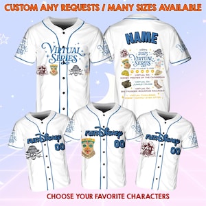 May include: White baseball jerseys with blue accents and various graphics. The jerseys feature the text "Virtual Series" and "runDisney", along with event details and the option to customize with a name. The phrase "Choose Your Favorite Characters" is also visible.