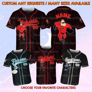 May include: Baseball jerseys with character designs, including Mr. Incredible, Frozone, Elastigirl, and Syndrome. The black jerseys have red pinstripes and character graphics. Text on the jerseys includes "Incredible", "Frozone", "Elastigirl", and "Syndrome". The text "CUSTOM ANY REQUESTS / MANY SIZES AVAILABLE" is also visible.
