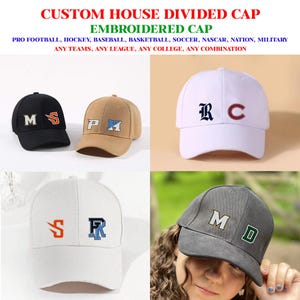 May include: Four different baseball caps with embroidered letters. The caps are in black, brown, white, and gray. The letters on the caps are "MS", "PH", "RC", "SR", and "MD".