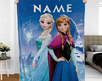 Manta personalizada de la princesa Anna y Elsa, manta de la película Frozen de Disney, manta de la Reina de Hielo, regalo de amor entre hermanas, manta azul de invierno, VTB510