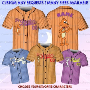 May include: Baseball jerseys in orange, blue, tan, and purple with cartoon character designs. The jerseys have vertical stripes, button-up fronts, and the text "CUSTOM ANY REQUESTS / MANY SIZES AVAILABLE" and "CHOOSE YOUR FAVORITE CHARACTERS".
