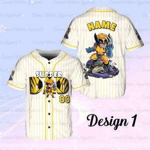 May include: White baseball jersey with yellow pinstripes and accents. The front features the text "SUPPER DAD" and the number "00". The back has a cartoon graphic of a superhero and the word "NAME".