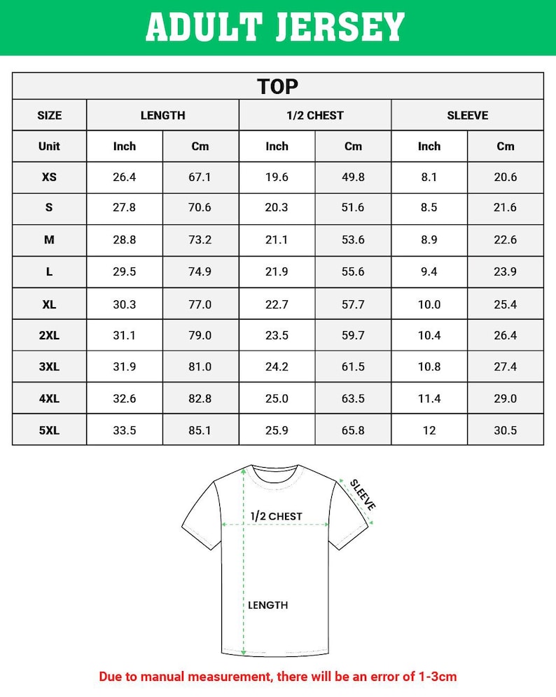 Puede incluir: Una tabla de tallas para camisetas de adulto, con medidas en pulgadas y cent&iacute;metros. La tabla incluye tallas XS a 5XL, detallando largo, media sisa y dimensiones de manga. El texto "ADULT JERSEY" est&aacute; en la parte superior.