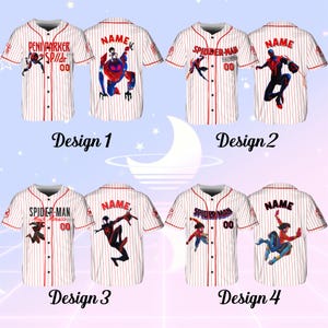 May include: Baseball jerseys with red pinstripes and red trim. Each jersey features a different Spider-Man design, with the option to add a name and number. Designs include characters like Peni Parker and Miles Morales.