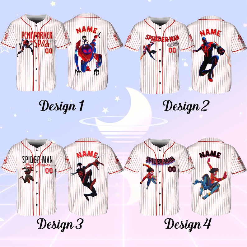 May include: Baseball jerseys with red pinstripes and red trim. Each jersey features a different Spider-Man design, with the option to add a name and number. Designs include characters like Peni Parker and Miles Morales.