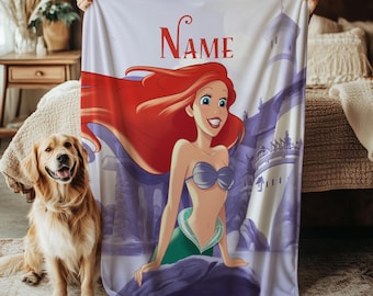 Custom Ariel Blanket, Disney Mermaid Throw Blanket, Flounder Fish And Sebastian Crab Blanket, Magic Kingdom Birthday Blanket, VTB624