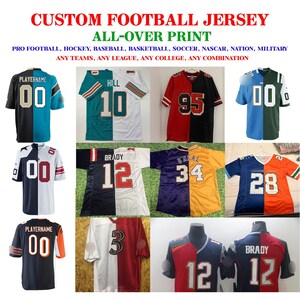 May include: A collage of custom football jerseys with different color combinations and player names. The jerseys are split down the middle with different colors and numbers on each side. The text "CUSTOM FOOTBALL JERSEY ALL-OVER PRINT" is at the top of the image.