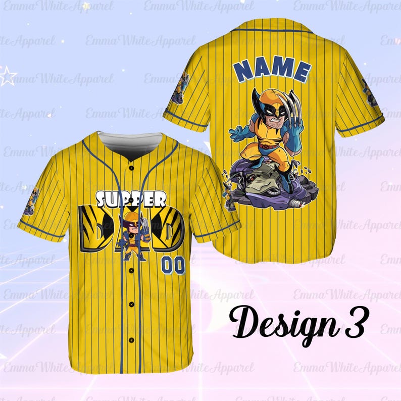 May include: Yellow baseball jersey with blue pinstripes, featuring a "SUPER DAD" graphic and a Wolverine character design. The back of the jersey has a "NAME" text and a Wolverine graphic. The number "00" is on the front.