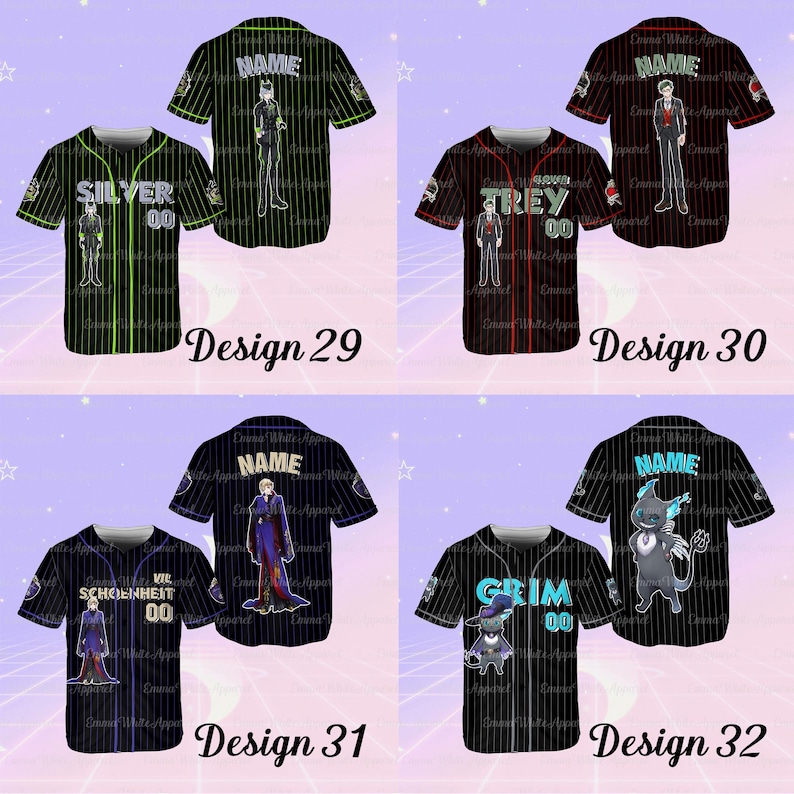 K&ouml;nnte beinhalten: Baseball-Trikots in Schwarz mit wei&szlig;en Nadelstreifen, jedes mit einem einzigartigen Design. Die Trikots zeigen Charakterillustrationen, Namen und Nummern. Designs umfassen "Silver 00", "Trey 00", "Vil Schoenheit 00" und "Grim 00".