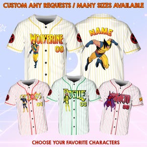 May include: Baseball jerseys with comic book character designs. The jerseys feature characters like Wolverine, Cyclops, Rogue, and Magneto. Each jersey has a character name and number on the front and back. The jerseys are white with pinstripes and character graphics.